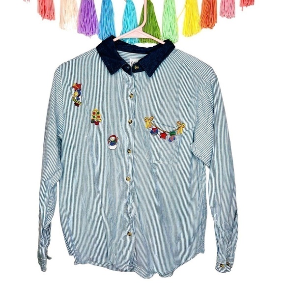 Cabin Creek Seersucker Stripe Button Down Long Sleeve Christmas Shirt Medium P - Picture 1 of 10